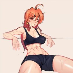 1girls abs breasts female fit headband human legs_apart light-skinned_female light_skin lina_inverse long_hair looking_at_viewer medium_breasts midriff mon_eree muscular_female orange_hair shorts sitting slayers sorceress sports_bra sweat sweatdrop thighs tight_clothing