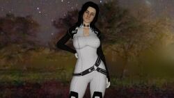 1girls 3d big_breasts black_hair blue_eyes clothed clothed_female clothes clothing female female_only fully_clothed human human_only long_hair mass_effect miranda_lawson night posing skoobrya solo