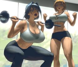 2girls abs angry_face bangs big_breasts blonde_hair blue_eyes breasts cleavage exercise exercise_equipment female female_focus female_only fit fit_female highres hololive hololive_english hololive_english_-council- hololive_english_-promise- hololive_myth huge_breasts infi_mt large_breasts lifting_weights multiple_girls ouro_kronii pinup short_hair shorts spats sports_bra sports_shorts sportswear sweat sweat_stain sweaty sweaty_breasts sweaty_clothes thick_thighs toned toned_female virtual_youtuber watson_amelia weightlifting weights wet_clothes working_out workout workout_clothes yoga_pants youtube youtuber