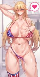 ahoge american_flag american_flag_bikini armpits bangs bikini blonde_hair blue_eyes blurry blurry_background blush breasts collarbone female flag_print hair_between_eyes heart highres huge_breasts iowa_(kantai_collection) jewelry kantai_collection long_hair looking_at_viewer messy_hair one_eye_closed ring sawayuzu sidelocks single_thighhigh smile solo sourblack_art spoken_heart standing swept_bangs swimsuit thighhighs toned wedding_band wet