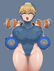 1girls apex_legends areolae bare_shoulder big_breasts blonde_hair blue_background blue_eyes blush bodysuit breasts closed_eyes dipx dipxion eyebrows eyebrows_visible_through_hair eyes female female_only hips huge_breasts humanoid hyper hyper_breasts large_breasts lichtenberg_figure looking_at_viewer nipples off_shoulder open_mouth scar short_hair simple_background solo solo_female sweat thick thick_thighs thighs upper_body voluptuous wattson_(apex_legends)