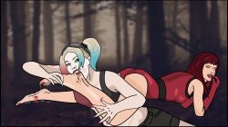 2d 2girls batman_(series) bite biting blood crossover dc dc_comics feet female female_only harley_quinn harley_quinn_(injustice) injustice_2 mortal_kombat mortal_kombat_11 multiple_girls netherrealm_studios skarlet skarlet_(mk11) submissive