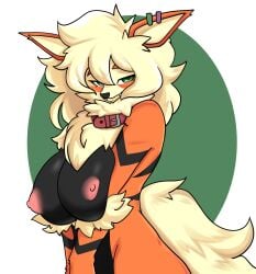 2022 anthro arcanine breasts breasts_out cannedtaco collar game_freak looking_at_viewer nintendo nipples nude pokemon pokemon_(species) simple_background smug_face squeezing_breast squeezing_breasts