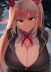 big_breasts bowtie cleavage deep_cleavage facominn fully_clothed hair_clips hair_ribbon hair_ribbons hairclip huge_breasts large_breasts long_hair looking_at_viewer monet_(facominn) original paizuri_invitation peach_hair red_bowtie red_eyes school_uniform schoolgirl seductive shiny_breasts smug smug_expression smug_face smug_grin smug_smile suggestive twintails unbuttoned unbuttoned_shirt white_skin