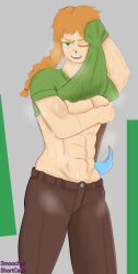 abs alex_(minecraft) bloody_nose braid breast_squish breasts clothing_lift female green_eyes minecraft muscular muscular_female orange_hair pants shirt_lift side_ponytail simple_background six_pack smile smooched_shortcake steam sweat sweatdrop thick_thighs toned