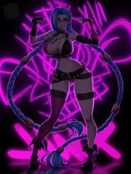 blue_hair boots breasts jinx_(league_of_legends) league_of_legends long_hair me!me!me! pink_eyes tattoo thick_thighs