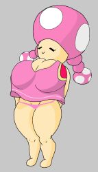 1girls alternate_breast_size arms_behind_back bare_shoulders barefoot big_breasts big_thighs bluebanana_(artist) breasts cleavage closed_eyes clothed clothing dress_shirt female female_only grey_background hands_behind_back huge_breasts large_breasts light-skinned_female light_skin mario_(series) mushroom mushroom_humanoid nintendo no_nose panties pink_dress pink_panties smile solo solo_female thick thick_hips thick_thighs toadette twintails vest wide_hips