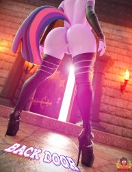 1girls 3d_(artwork) anthro anus armwear ass back_door big_butt breasts butt casual clothing digital_media_(artwork) equid equine female fire footwear forsaken_(artist) friendship_is_magic genitals hi_res high_heels legwear mammal my_little_pony public pussy solo thigh_highs twilight_sparkle_(mlp)