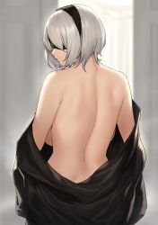 1girls blindfold breasts female female_only hairband houtengeki light-skinned_female light_skin nier nier:_automata solo solo_female standing topless white_hair yorha_2b