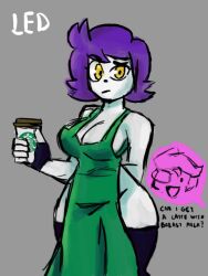 breasts coffee female franartz gloves iced_latte_with_breast_milk lactation latte purple_hair starbucks stockings the_lewd_led white_skin yellow_eyes