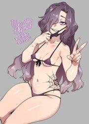 1girls bikini female female_only long_hair looking_at_viewer midriff mouth_mask navel original original_character peace_sign purple_eyes ryo_agawa sharp_teeth small_breasts smile solo solo_female swimsuit tattoo thick_thighs thighs