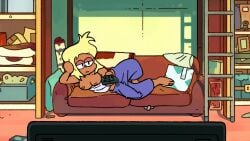 barefoot big_penis black_eyes blonde_hair bulge bulge_through_clothing carol_(ok_k.o.!_let's_be_heroes) carol_kincaid casual dwonksa edit flaccid futa_only futanari laying_down laying_on_couch laying_on_side long_penis milf ok_k.o.!_let's_be_heroes penis screencap sweat_pants sweatpants tan_body tan_skin tank_top