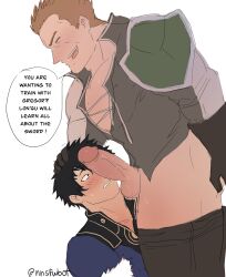 big_penis blush clothed clothing dialogue embarrassed erect_penis erection fellatio fire_emblem fire_emblem_awakening gay gregor_(fire_emblem) hand_on_head imminent_oral lon'qu_(fire_emblem) male_only nnsfwbot oral penis_on_face surprised yaoi