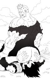 2boys ass big_ass bruises clothing_damage colorless dragon_ball dragon_ball_z facesitting fighting humiliation male_only monochrome recoome singlet van-brand-artworks vegeta