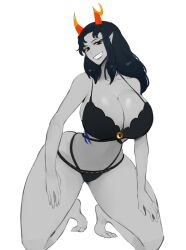 1girls 2022 black_bra black_hair black_panties blue_eyes bra breasts chabyr_scylah chabyr_scylah_(yaridovich23) commission female female_only grey_skin grin hips homestuck horns huge_breasts kisou long_hair looking_at_viewer panties pointy_ears simple_background slim_waist smile thick_thighs thighs white_background wide_hips yellow_sclera