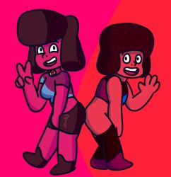 1futa bumping_asses bumping_butts butt_bump casual casual_nudity dwonksa futanari gem_(species) hand_between_legs looking_at_viewer nekky_(boxjockston) oc peace_sign puby_(smutichi) ruby_(steven_universe) steven_universe waving