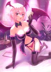 absurdres bangs black_gloves black_legwear blush breasts cleavage collar collarbone demon_girl detached_collar elbow_gloves eyebrows_visible_through_hair female frilled_gloves frilled_legwear frills garter_belt gloves hair_between_eyes highres holding isome kneeling kono_subarashii_sekai_ni_shukufuku_wo! medium_breasts midriff navel open_mouth panties pink_hair pink_panties purple_collar purple_wings red_eyes shinjin_succubus_(konosuba) shiny shiny_hair short_hair solo sparkle stomach succubus succubus_costume thighhighs underwear wings