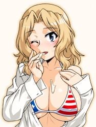 1girls american_flag_bikini bikini blue_eyes blush breasts button_down_shirt cleavage covered_nipples eyebrows_visible_through_hair female female_only flag_print girls_und_panzer kay_(girls_und_panzer) large_breasts long_hair long_sleeves looking_at_viewer one_eye_closed oosaka_kanagawa open_clothes open_mouth platinum_blonde_hair shiny shiny_hair simple_background skindentation solo suggestive_fluid swimsuit upper_body white_shirt