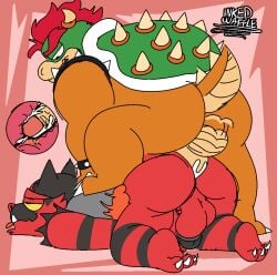 2boys anal anthro anus ass backsack balls bara black_fur bowser claws crossover cum cum_in_ass feet full_body furry gay gay_sex green_skin horn incineroar inked-waffle koopa looking_at_another male male/male male_only male_penetrating mario_(series) multiple_boys orgasm penetration penis pokémon_(species) pokemon red_hair sex shell simple_background speatalsachthermature spiked_bracelet spikes submissive tail testicles tongue_out