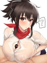 1boy 1girls asuka_(senran_kagura) bangs blush breast_squeeze breasts brown_eyes brown_hair busty cleavage covered_nipples engulfing_paizuri female groping_breasts hair_ribbon highres karakari large_breasts light-skinned_female light-skinned_male light_skin long_hair looking_at_viewer male_pov nipples paizuri paizuri_lead_by_female paizuri_under_clothes penis ponytail red_scarf ribbon scarf senran_kagura short_sleeves sidelocks straight teenage_girl teenager white_ribbon