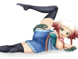 breasts brown_hair clothed green_eyes kono_subarashii_sekai_ni_shukufuku_wo! nipples open_legs parna_(artist) ran_(konosuba) thighhighs white_hair