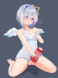 1futa amane_kanata angel angel_wings artificial_vagina artist_request blue_eyes bottomless breasts clothed clothing erection feathered_wings futa_only futanari futanari_focus halo highres hololive human kneeling light-skinned_futanari masturbation mostly_clothed negligee nightgown nipples penis see-through self_fondle sex_toy short_hair silver_hair small_breasts solo star_halo tenga testicles virtual_youtuber wings