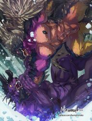 2022 anthro anthrofied areola asphyxiation behemoth black_body blood blood_from_wound bodily_fluids broken_horn capcom choking duo elder_dragon fight final_fantasy genital_slit genitals hi_res horn kumammoto_(artist) male monster_hunter muscular muscular_anthro muscular_male nergigante nipples nosebleed nude open_mouth pecs pink_body purple_body saliva saliva_string slit slit_(wound) spikes spikes_(anatomy) tears teeth text tongue tongue_out url vein video_games wounded yellow_body yellow_eyes