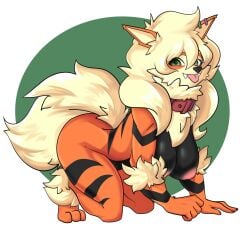 all_fours anthro arcanine breasts cannedtaco collar furry game_freak green_eyes hanging_breasts highres inverted_nipples large_breasts looking_at_viewer nintendo nipples pokemon pokemon_(species) simple_background tongue_out