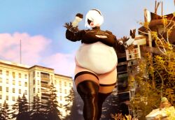 1girls 3d bbw belly big_belly big_breasts blindfold breasts chubby clothing drelard fat female female_only hairband huge_belly hyper_belly light-skinned_female light_skin nier nier:_automata standing thighhighs white_hair yorha_2b