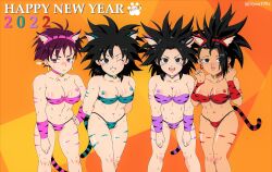 ... 4girls :o bell black_eyes black_hair blush body_markings breasts caulifla choker cleavage dragon_ball dragon_ball_super dragon_ball_z earrings female female_saiyan gine hair_over_one_eye kale lingerie looking_at_viewer looking_away multiple_girls navel new_year one_eye_closed open_mouth orange_background petite purple_eyes purple_hair saiyan saiyan_tail seripa short_hair smile speech_bubble spiky_hair sweatdrop syan199x tail thick_thighs thong tiger_ears tiger_print tiger_tail toned toned_female tubetop universe_6 universe_6/universe_7 watermark wink wristband