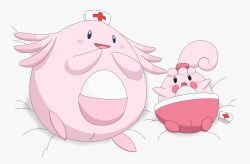 bed chansey clothing duo egg female furniture genitals happiny hat headgear headwear hi_res lying minami_(artist) nintendo no_humans nurse_clothing nurse_hat nurse_headwear on_back on_bed pink_body pokémon_(species) pokemon pussy red_cheeks video_games young