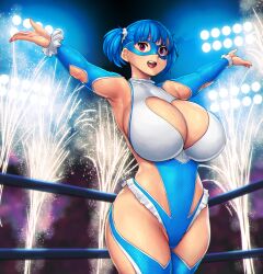 1girls armpits arms_up blue_hair blue_leotard blue_mask breasts busty cleavage cleavage_cutout clothing_cutout cosplay covered_navel cowboy_shot curvaceous enormous_breasts errorkazoo eye_mask female female_only female_wrestler fireworks hair_ornament hair_scrunchie hi_res high_resolution highres hourglass_figure huge_breasts leotard lights looking_at_viewer massive_breasts open_mouth original original_character rainbow_mika_(cosplay) red_eyes rina_atherina rina_atherina_(errorkazoo) scrunchie shadow short_hair smile smiling_at_viewer solo solo_female solo_focus sports standing street_fighter tongue top_heavy top_heavy_breasts twintails twitter twitter_username upper_teeth voluptuous white_scrunchie wrestler wrestling wrestling_mask wrestling_match wrestling_outfit wrestling_ring