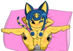 absurd_res animal_crossing ankha ankha_(animal_crossing) anthro bed breast_squish breasts disembodied_hand domestic_cat duo felid feline felis female first_person_view frown furniture genitals hands_behind_head hi_res legs_up lying male male/female male_pov mammal nintendo nude on_back on_bed one_eye_closed penetration penis pov pussy spread_legs spreading squish unseen_male_face vaginal_penetration video_games wallyroo