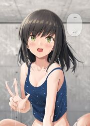 black_hair blue_tank_top blush breasts cleavage collarbone cum_on_hands eyebrows_visible_through_hair female fubuki_(kantai_collection) green_eyes hair_between_eyes highres ichikawa_feesu kantai_collection looking_at_viewer open_mouth polka_dot short_hair solo speech_bubble tank_top v