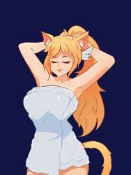 1girls 2d 2d_(artwork) animal_ears animated areolae blonde_hair blue_eyes blush bouncing_breasts breasts cat_ears cat_tail catgirl covered_nipples covering_crotch embarrassed female freckles freckles_on_arms freckles_on_ass freckles_on_breasts freckles_on_butt freckles_on_chest freckles_on_face freckles_on_legs freckles_on_shoulders freckles_on_thighs huge_breasts large_breasts light-skinned_female light_skin nekomimi nipples pubes pubic_hair pussy simple_background solo solo_female solo_focus thor_chan towel towel_only towel_slip towel_wrap virtual_youtuber vrchat