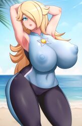 1girls armpits arms_up beach big_breasts blonde_hair blue_eyes bodysuit breasts cameltoe commission cucarachaaa female hi_res hips huge_breasts light-skinned_female light_skin long_hair mario_(series) mario_and_sonic_at_the_olympic_games nintendo outdoors princess_rosalina super_mario_galaxy water wetsuit wide_hips