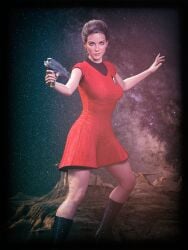 2022 3d alien bare_legs boots clothed female holding_weapon humanoid jadzia_dax looking_at_viewer markings phaser red_shirt solo standing star_trek star_trek_(2009) star_trek_deep_space_nine starfleet_insignia starfleet_uniform tom_reynolds trill_(species)