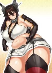 angry bare_shoulders belly_grab big_belly breasts brown_hair fat female gigantic_breasts highres kantai_collection long_hair looking_at_viewer nagato_(kantai_collection) navel photoshop_(medium) red_eyes solo synecdoche thick_arms thick_thighs thighs weight_conscious