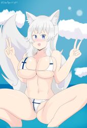 1girls beach big_breasts bikini bikini_bottom bikini_top blue_eyes blush cameltoe crouching double_peace_sign double_v embarrassed female female_only indie_virtual_youtuber john_apocalypse johnapocalypse large_breasts long_hair looking_away lumi_(merryweather) micro_bikini peace_sign skimpy skimpy_bikini solo squatting v very_long_hair virtual_youtuber water white_hair