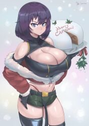 1girls big_breasts breasts busty cake christmas cleavage curvy eye_contact female female_focus female_only geistbox hair_between_eyes holidays large_breasts light-skinned_female light_skin looking_at_viewer mel_(standby) original_character purple_eyes purple_hair short_hair shorts snow solo solo_female sweater tagme thighhighs thighs thong top_heavy voluptuous xmas