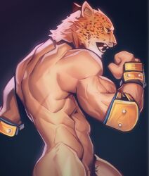 biceps black_body black_fur elbow_pads fangs felid fist for_a_head fur holo_eden human hybrid jaguar king_(tekken) male male_only mammal mask muscular muscular_male nude pantherine pose pubes scar solo tekken video_games white_body white_fur wrestler yellow_body yellow_fur