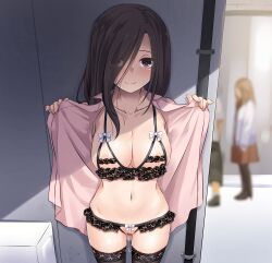 1boy 2girls akase_haruka areolae bangs big_breasts black_bra black_legwear black_lingerie black_panties black_pubic_hair blurry blurry_background blush bow bow_bra bow_panties bra breasts brown_eyes character_in_background cleavage closed_mouth collarbone commentary_request cowboy_shot crotchless crotchless_panties depth_of_field detailed_background exhibitionism eyebrows_visible_through_hair eyes_visible_through_hair female female_pubic_hair hair_over_one_eye happy jacket lace lace-trimmed_bra lace-trimmed_legwear lace-trimmed_panties lace_trim large_breasts long_hair looking_at_viewer nakajima_yuka navel offscreen_male open_clothes open_jacket original panties photoshop_(medium) pink_jacket pov presenting presenting_self presenting_to_viewer pubic_hair public_indecency pussy_juice reward_available smile solo thighhighs underwear