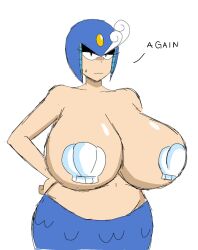 1girls android annoyed breasts female helmet huge_breasts looking_at_viewer mega_man mega_man(classic) mermaid momiji_(artist) robot robot_girl shell shell_bra solo splash_woman sweat tagme