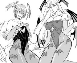 2girls bat_print bb_(baalbuddy) blush breast_press capcom clothing clothing_swap darkstalkers demon_wings embarrassed female female_only flat_chest head_wings large_breasts leotard lilith_aensland long_hair loose_clothes monochrome morrigan_aensland narrowed_eyes pantyhose short_hair sisters succubus tight_clothing very_high_resolution white_background wings