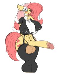 2022 anthro balls clothing equid eyelashes fluttershy_(mlp) friendship_is_magic ftg_crossgender fti_crossgender futa futanari futashy genitals gynomorph hi_res humanoid_genitalia humanoid_penis intersex legwear mammal my_little_pony nsfwronin nun one_eye_closed penis simple_background solo straight_hair white_background