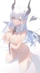 1girls bare_arms bare_shoulders between_breasts blue_eyes bra breasts cleavage demon_girl demon_horns demon_tail demon_wings detached_collar garter_straps horns large_breasts lingerie long_hair looking_at_viewer nekojira original panties solo tail thea_(nekojira) thighs underwear underwear_only very_long_hair white_bra white_hair white_panties wings