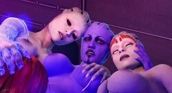 3d 4girls aria_t'loak asari commander_shepard cropped femshep hand_on_head mass_effect morinth realium3d samara