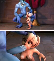 1boy 1girls blowjob chromie cum cum_in_mouth cum_on_breasts deep_blowjob erontauren fellatio female gnome gnome_(warcraft) gnome_female hand_on_head humanoid male male/female oral oral_sex pale_skin sfm throat_bulge troll warcraft world_of_warcraft