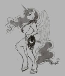 absurd_res alicorn anthro anthrofied big_breasts breasts cutie_mark equid equine eyelashes feathered_wings feathers female friendship_is_magic gothicgalaxies_(artist) greyscale hair hasbro hi_res horn long_hair long_tail looking_back mammal monochrome my_little_pony nipples princess_luna_(mlp) wings