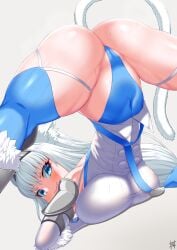 1girls animal_ear_fluff animal_ears ass bangs bare_shoulders blue_bow blue_eyes blue_legwear blue_leotard blue_ribbon blush bow breasts cat_ears cat_girl cat_tail closed_mouth covered_navel crotch detached_collar detached_sleeves dobrynya_nikitich_(fate) fate/grand_order fate_(series) flexible fur_trim hairband hairbow highleg highleg_leotard jack-o'_challenge kuraikurairey large_breasts leotard long_hair looking_at_viewer looking_back low_ponytail ribbon shirt sleeveless smile spread_legs tail thighhighs thighs top-down_bottom-up white_background white_hair white_shirt wide_spread_legs